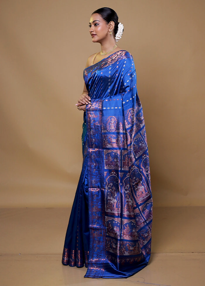 Blue Handloom Baluchari Pure Silk Saree With Blouse Piece