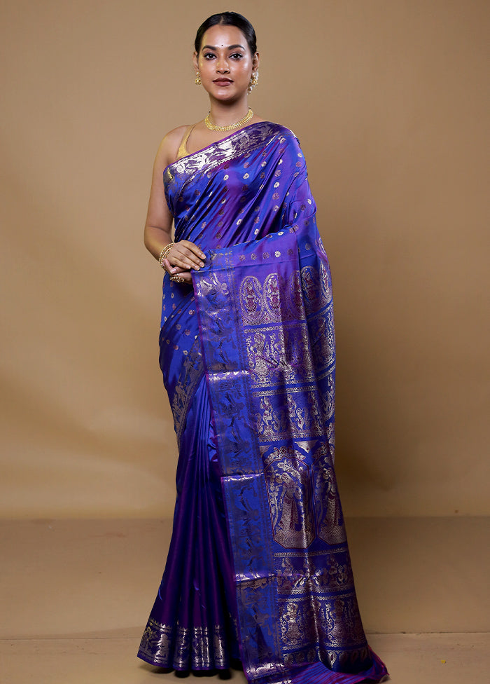 Blue Handloom Baluchari Pure Silk Saree With Blouse Piece