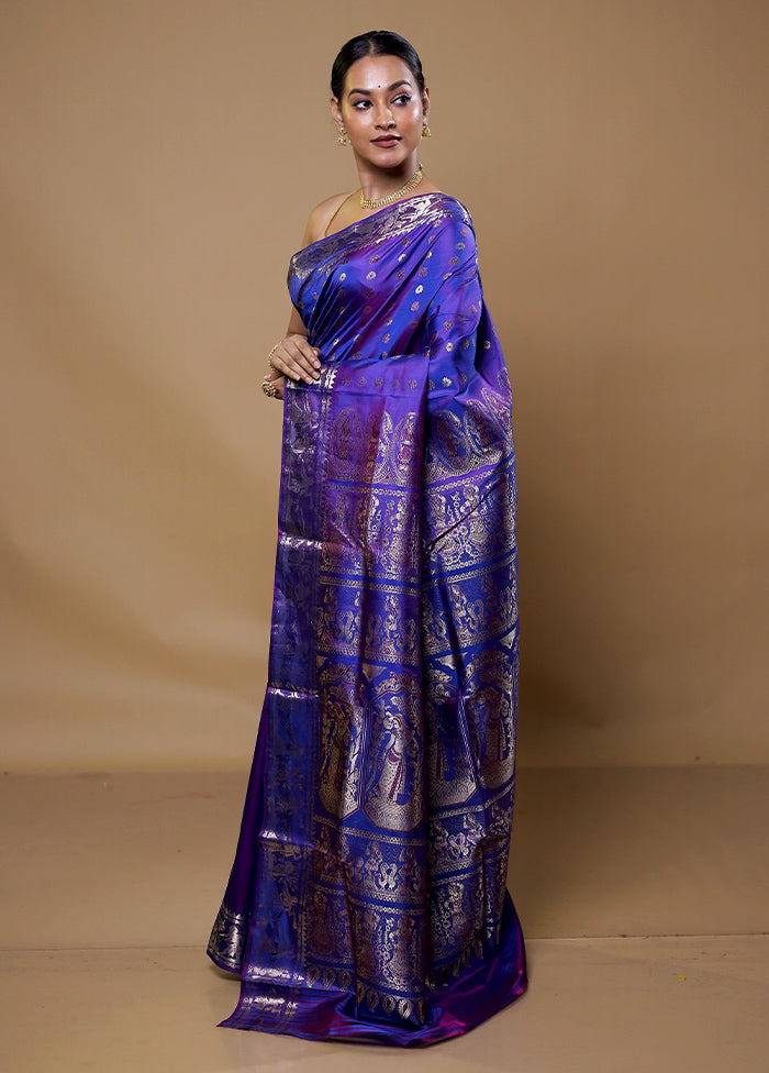 Blue Handloom Baluchari Pure Silk Saree With Blouse Piece