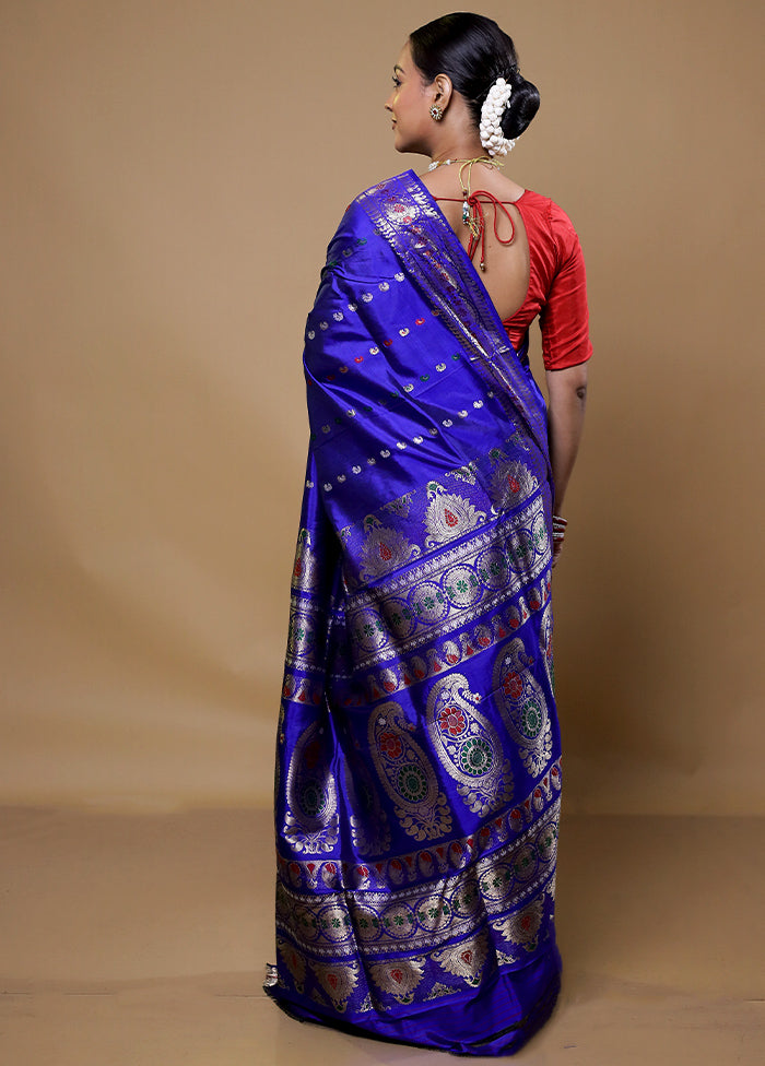 Blue Handloom Baluchari Pure Silk Saree With Blouse Piece