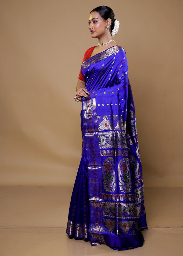 Blue Handloom Baluchari Pure Silk Saree With Blouse Piece