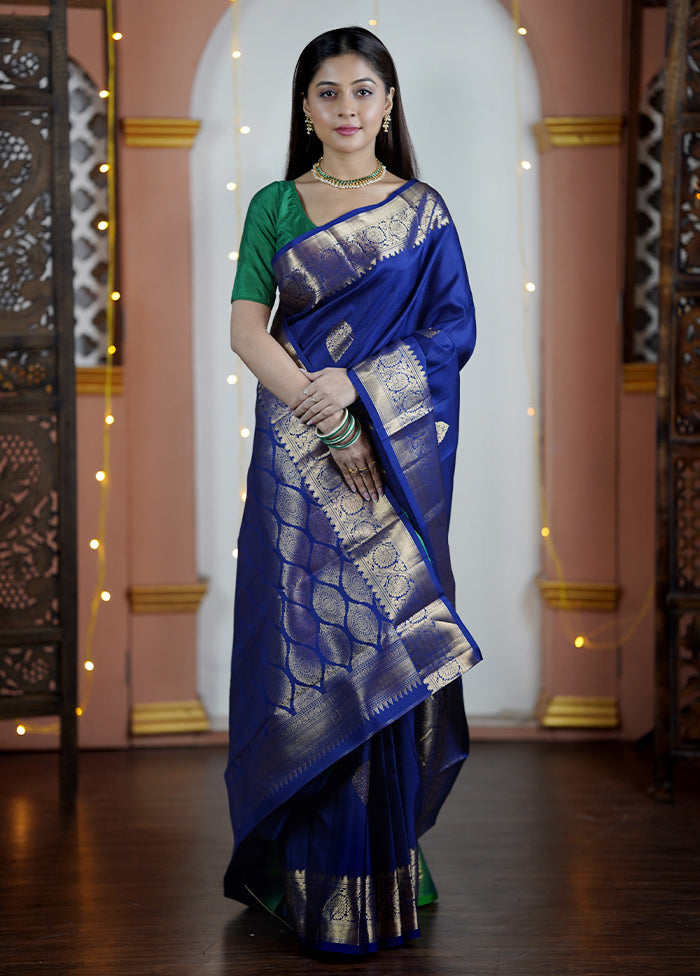 Blue Handloom Kanchipuram Pure Silk Saree With Blouse Piece