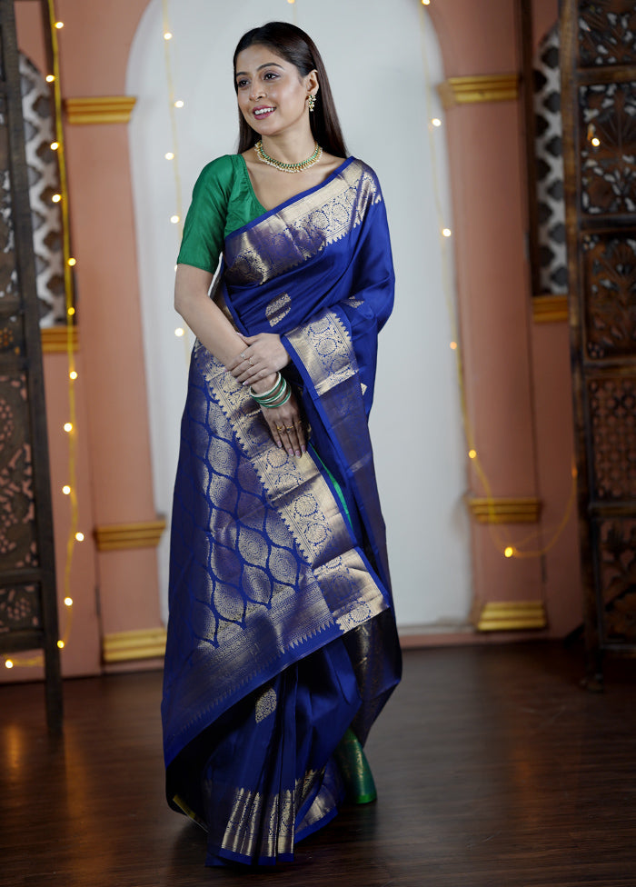 Blue Handloom Kanchipuram Pure Silk Saree With Blouse Piece