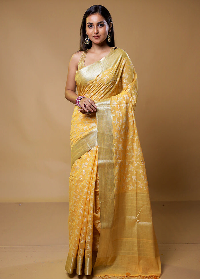 Yellow Kora Silk Saree With Blouse Piece