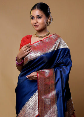 Blue Banarasi Silk Saree With Blouse Piece