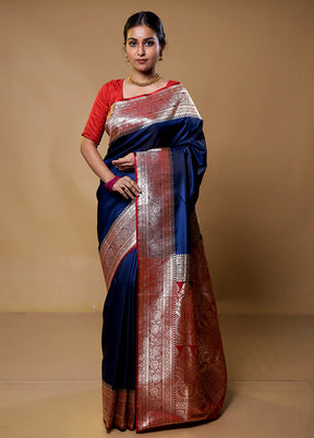 Blue Banarasi Silk Saree With Blouse Piece