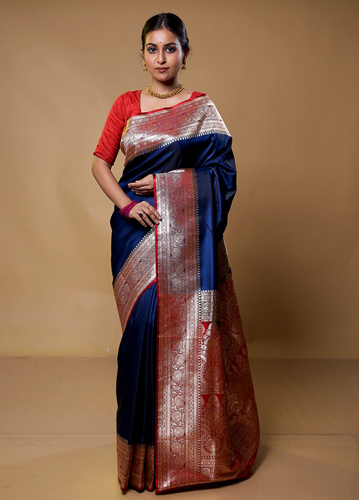 Blue Banarasi Silk Saree With Blouse Piece