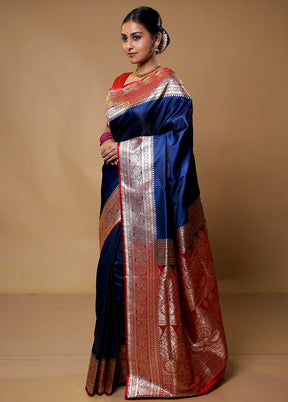 Blue Banarasi Silk Saree With Blouse Piece