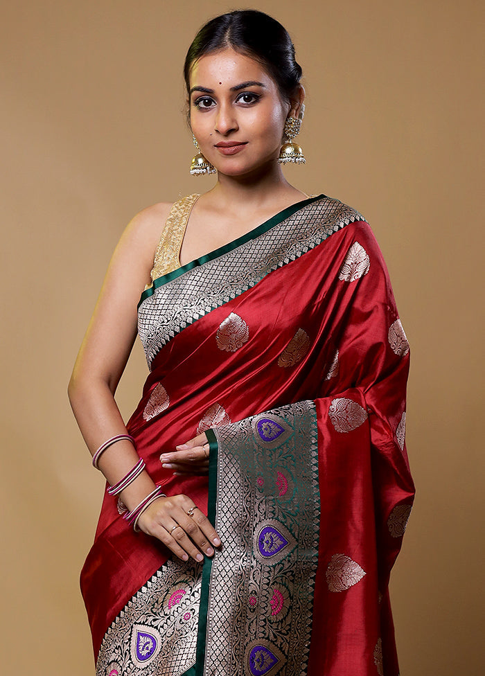 Red Handloom Katan Pure Silk Saree With Blouse Piece