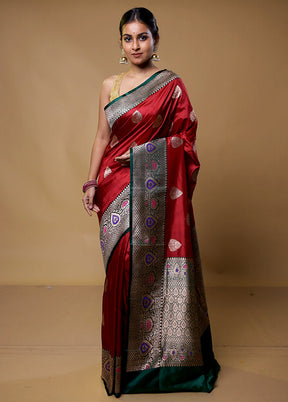 Red Handloom Katan Pure Silk Saree With Blouse Piece