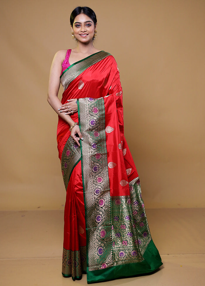 Red Handloom Katan Pure Silk Saree With Blouse Piece