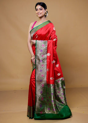 Red Handloom Katan Pure Silk Saree With Blouse Piece