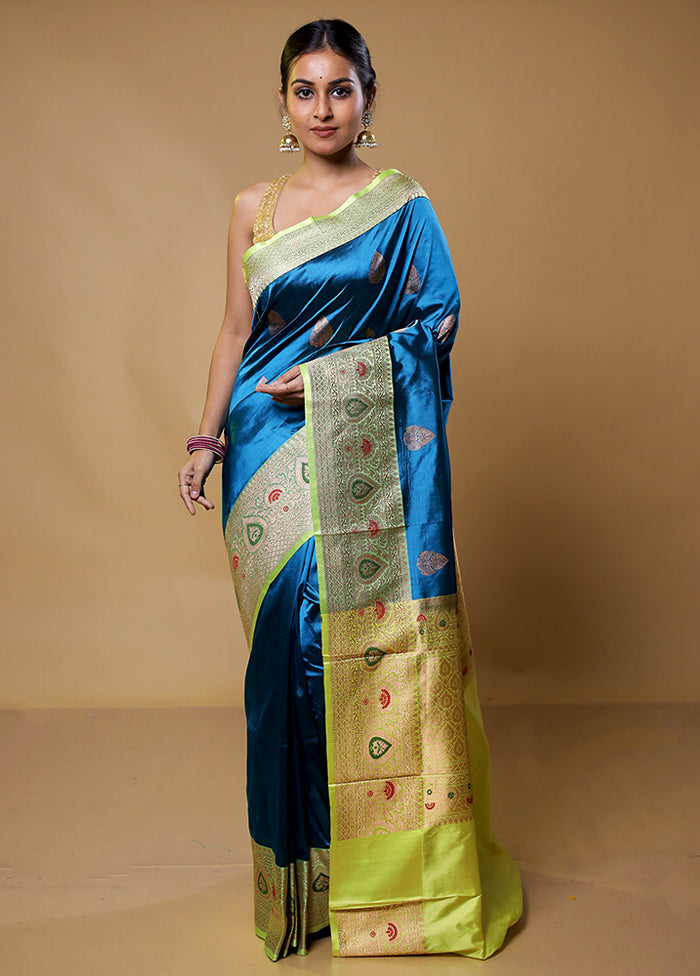 Blue Handloom Katan Pure Silk Saree With Blouse Piece