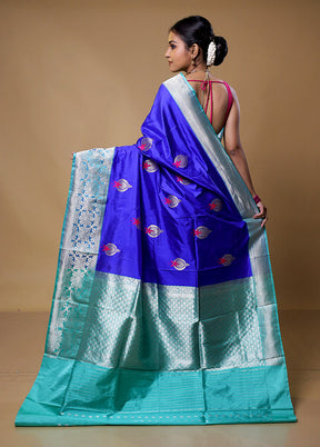 Blue Handloom Katan Pure Silk Saree With Blouse Piece