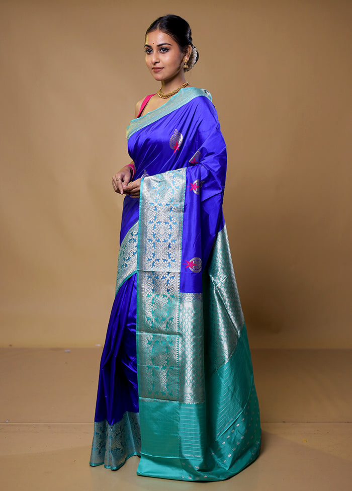 Blue Handloom Katan Pure Silk Saree With Blouse Piece