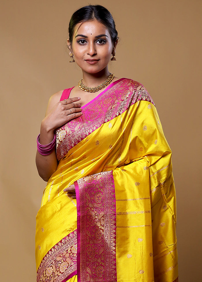 Yellow Handloom Katan Pure Silk Saree With Blouse Piece