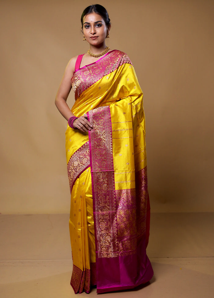 Yellow Handloom Katan Pure Silk Saree With Blouse Piece