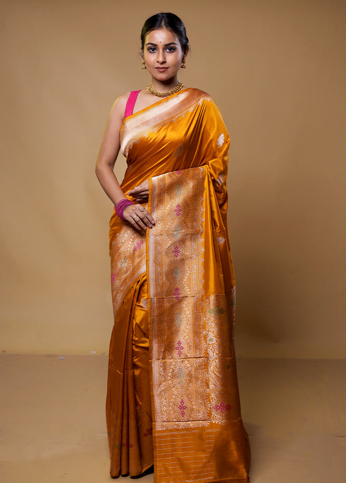 Orange Handloom Katan Pure Silk Saree With Blouse Piece