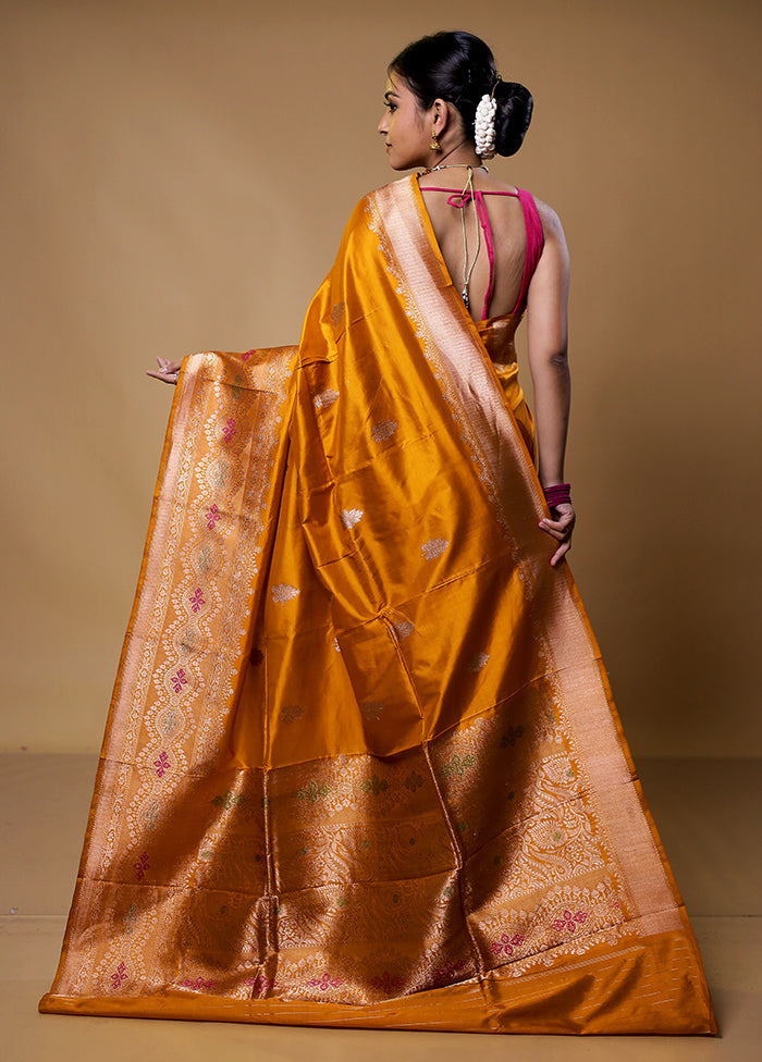 Orange Handloom Katan Pure Silk Saree With Blouse Piece