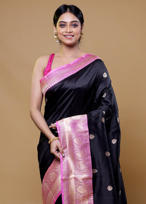 Black Handloom Katan Pure Silk Saree With Blouse Piece