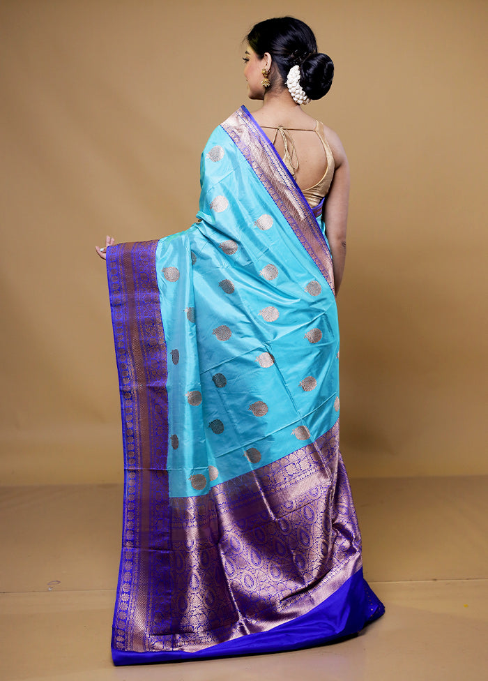 Blue Handloom Katan Pure Silk Saree With Blouse Piece