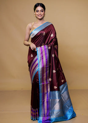 Maroon Handloom Katan Pure Silk Saree With Blouse Piece