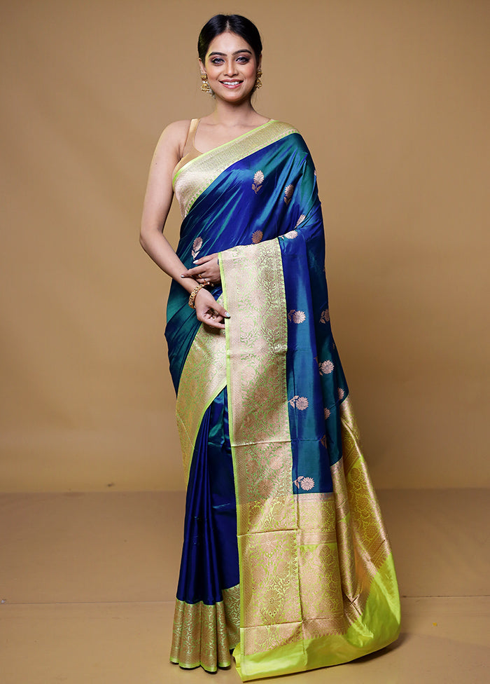 Blue Handloom Katan Pure Silk Saree With Blouse Piece