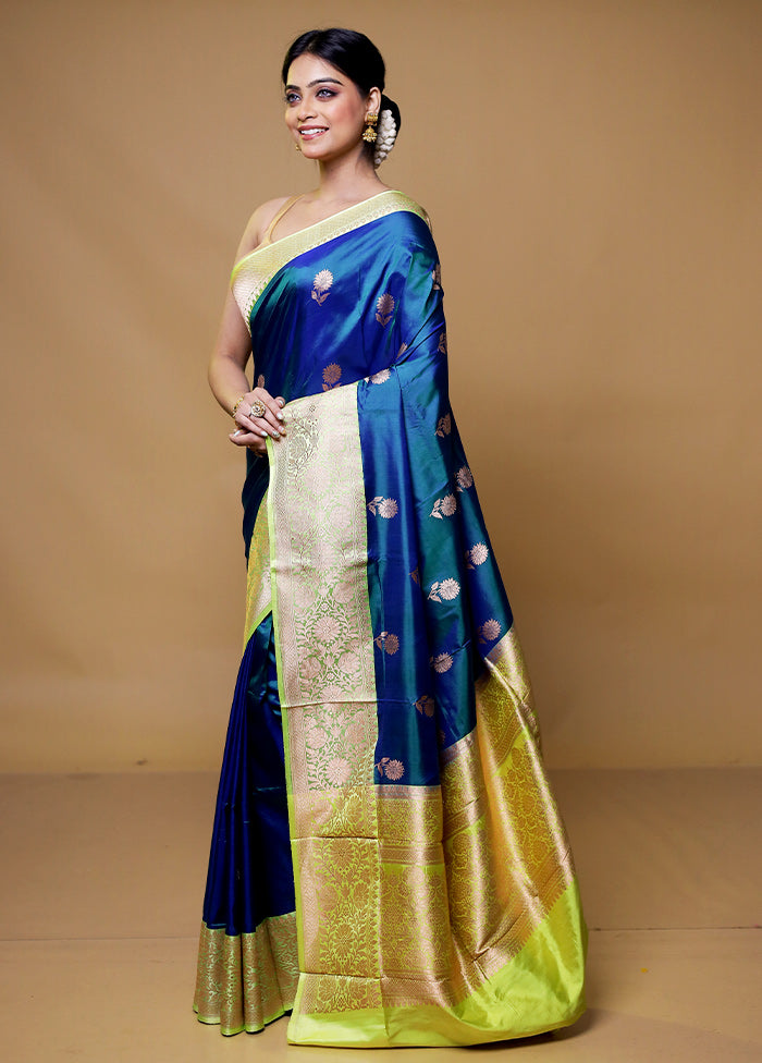 Blue Handloom Katan Pure Silk Saree With Blouse Piece