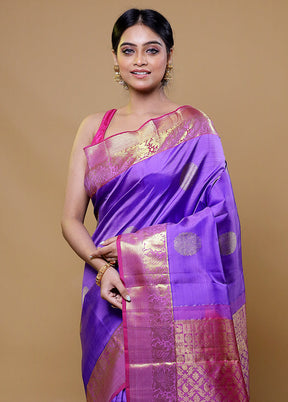 Purple Handloom Kanchipuram Pure Silk Saree With Blouse Piece