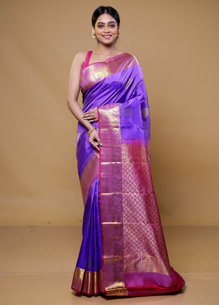 Purple Handloom Kanchipuram Pure Silk Saree With Blouse Piece