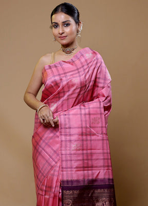 Pink Handloom Kanchipuram Pure Silk Saree With Blouse Piece