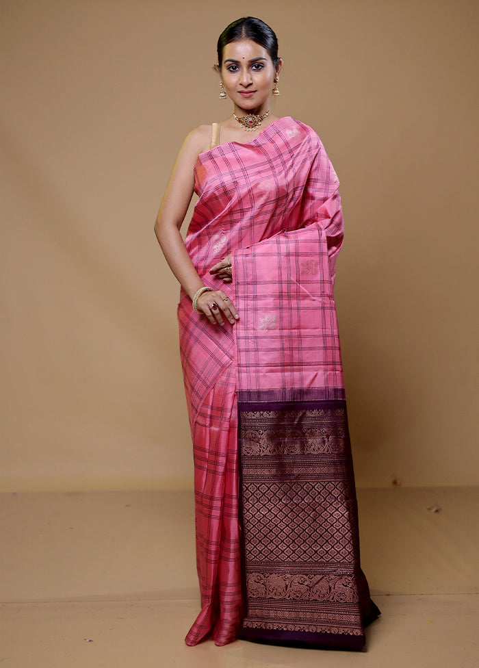 Pink Handloom Kanchipuram Pure Silk Saree With Blouse Piece