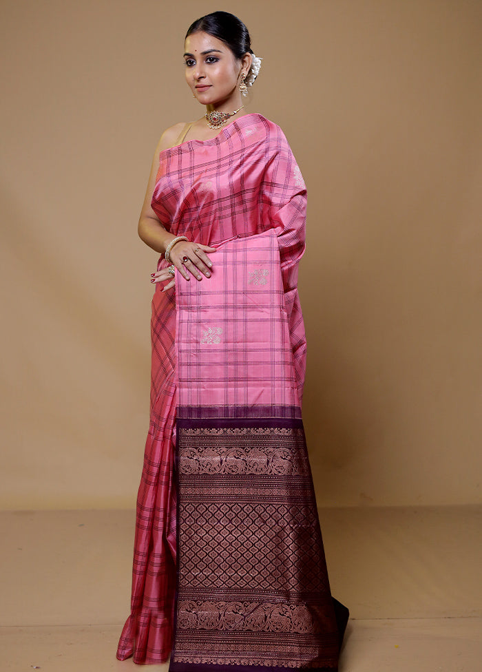 Pink Handloom Kanchipuram Pure Silk Saree With Blouse Piece