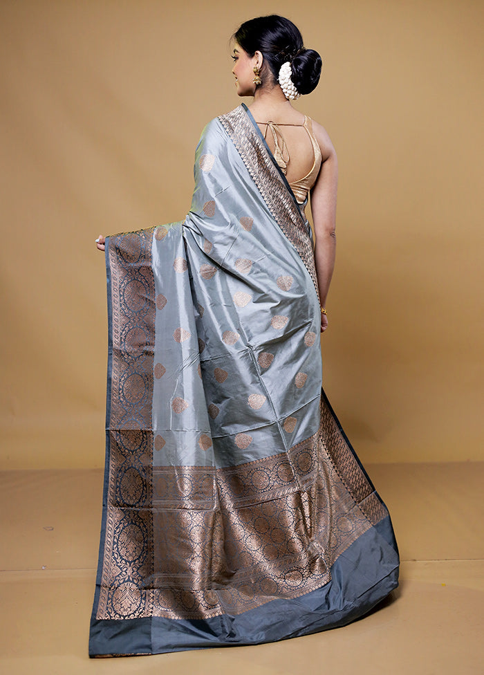 Grey Handloom Katan Pure Silk Saree With Blouse Piece