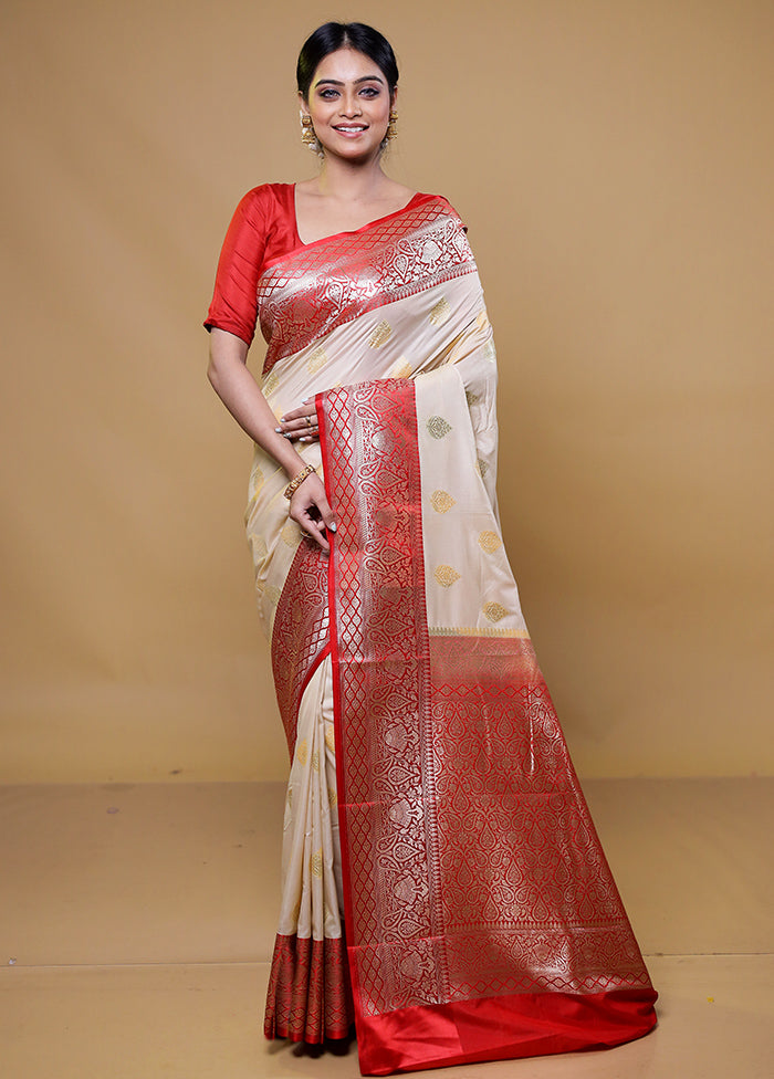 Cream Katan Silk Saree With Blouse Piece