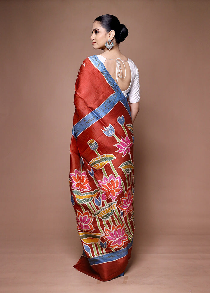 Maroon Printed Pure Silk Saree Without Blouse Piece