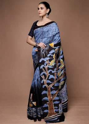 Blue Printed Pure Silk Saree Without Blouse Piece