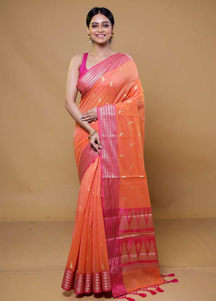 Orange Kora Silk Saree With Blouse Piece