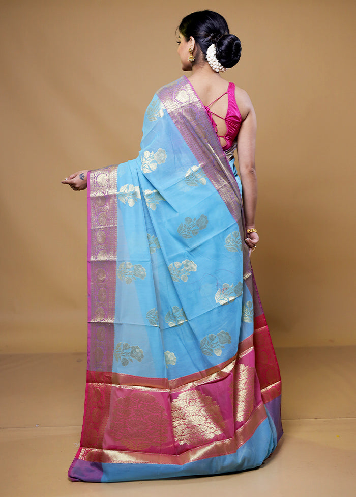 Blue Kora Silk Saree With Blouse Piece