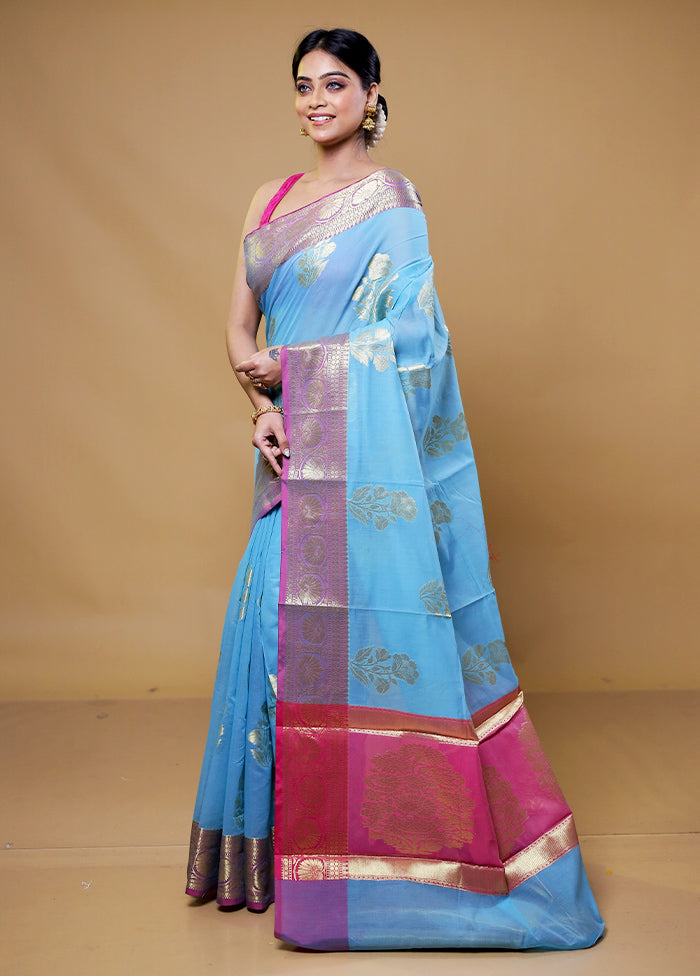 Blue Kora Silk Saree With Blouse Piece