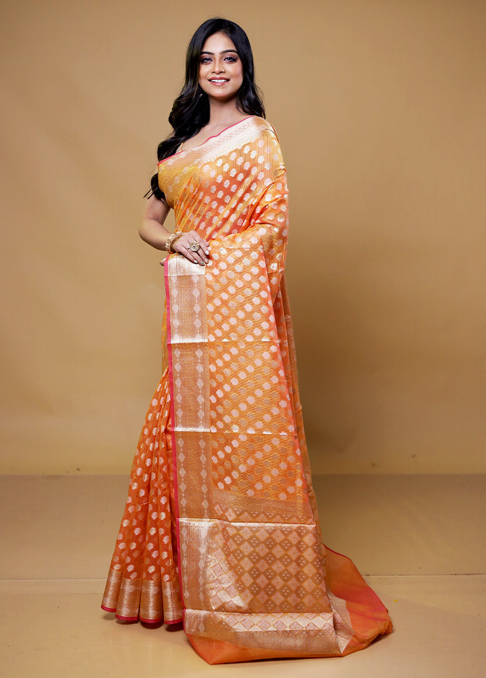 Orange Kora Silk Saree With Blouse Piece