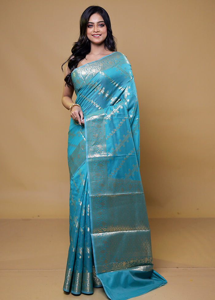 Blue Kora Silk Saree With Blouse Piece