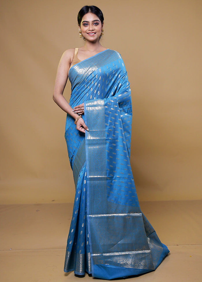 Blue Kora Silk Saree With Blouse Piece