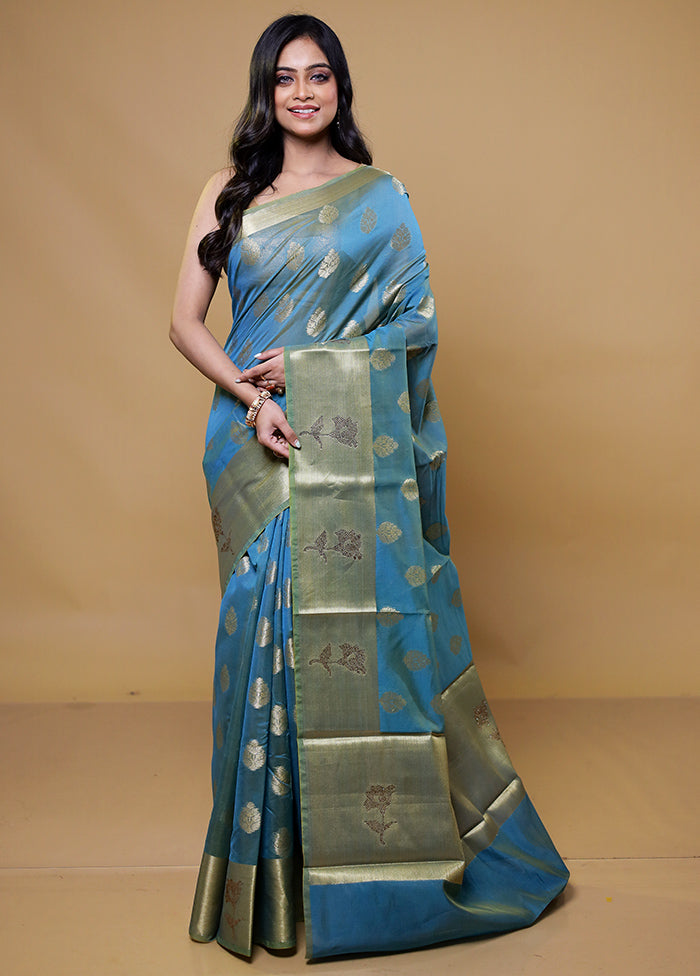 Blue Kora Silk Saree With Blouse Piece