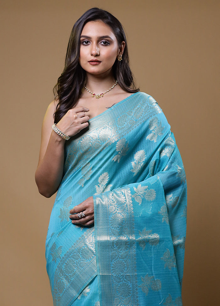 Blue Kota Cotton Saree With Blouse Piece