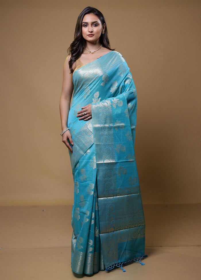 Blue Kota Cotton Saree With Blouse Piece