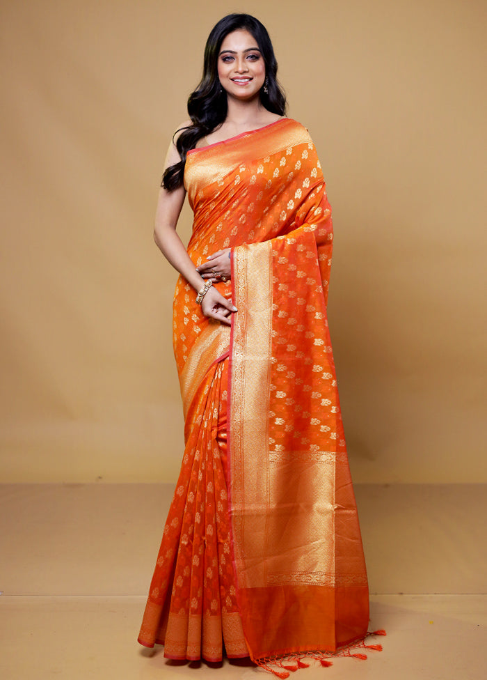 Orange Kora Silk Saree With Blouse Piece