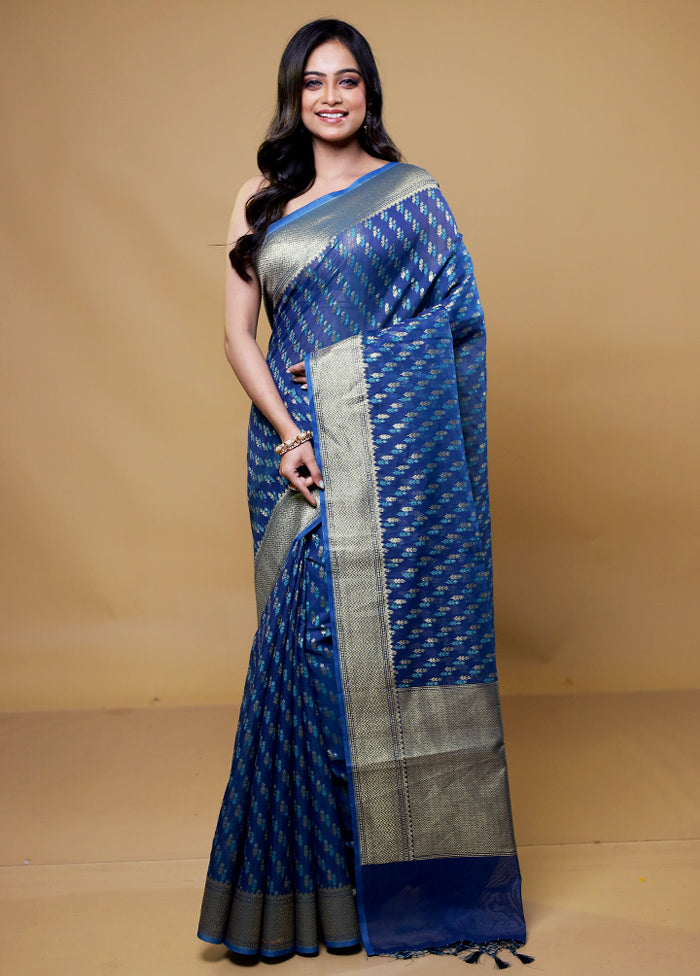 Blue Kora Silk Saree With Blouse Piece