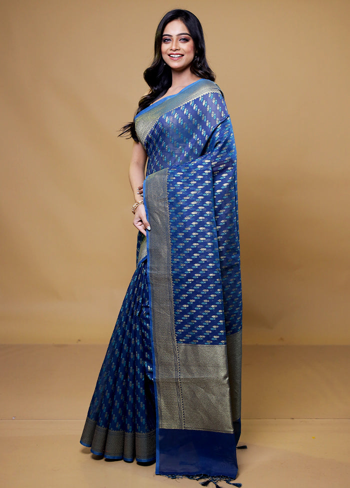 Blue Kora Silk Saree With Blouse Piece