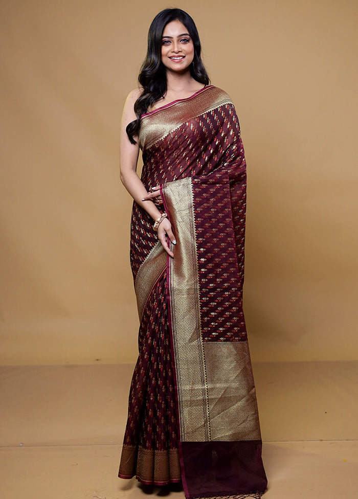 Maroon Kora Silk Saree With Blouse Piece